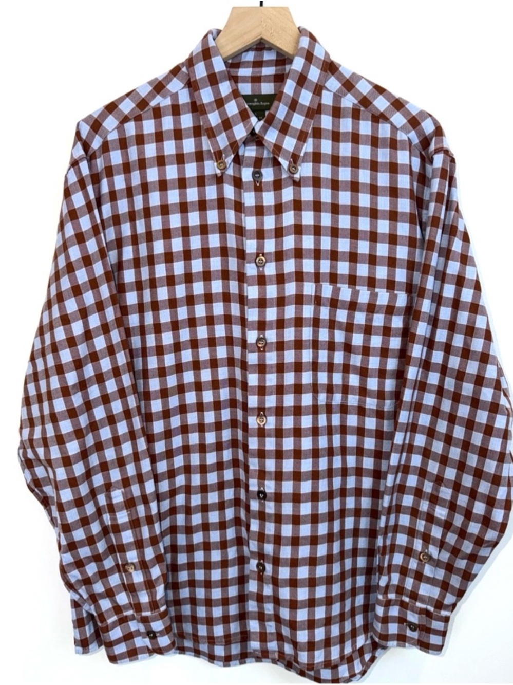 Ermenegildo Zegna Brown and Light Blue Gingham Button-Down Shirt Made in Italy